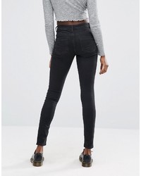 Asos Lisbon Skinny Mid Rise Jeans In Washed Black With Two Displaced Ripped Knees
