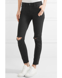 Mother Looker Distressed Mid Rise Skinny Jeans Black
