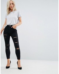 Asos Petite Petite Ridley High Waist Skinny Jeans In Black With Shredded Rips