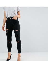 Asos Petite Petite Ridley High Waist Skinny Jeans In Black With Shredded Rips