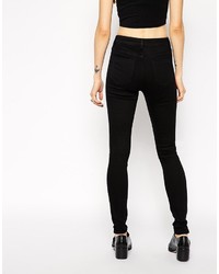 Asos Petite Petite Ridley High Waist Ultra Skinny Jeans In Clean Black With Displaced Ripped Knees