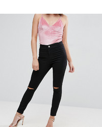 Asos Petite Petite Rivington Denim High Waist Jeggings In Black With Two Ripped Knees