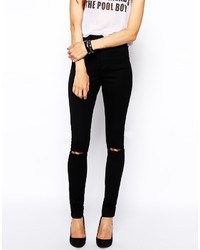 Asos Petite Ridley High Waist Ultra Skinny Jeans In Clean Black With Ripped Knees