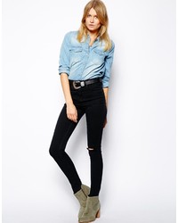 Asos Petite Ridley High Waist Ultra Skinny Jeans In Washed Black With Ripped Knee