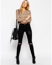 Asos Petite Ridley Skinny Jeans In Black With Thigh Rip And Busted Knees