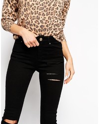 Asos Petite Ridley Skinny Jeans In Black With Thigh Rip And Busted Knees