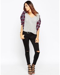 Asos Petite Whitby Low Rise Jeans In Washed Black With Two Displaced Ripped Knees