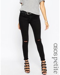 Asos Petite Whitby Low Rise Jeans In Washed Black With Two Displaced Ripped Knees