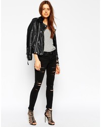 Asos Petite Whitby Low Rise Skinny Jeans In Washed Black With Rip And Destroy Busts
