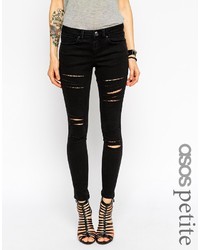 Asos Petite Whitby Low Rise Skinny Jeans In Washed Black With Rip And Destroy Busts