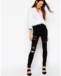 Asos Ridley Jeans Ridley High Waist Ultra Skinny Jeans In Clean Black With Extreme Rips And Busts