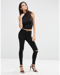 Asos Rivington Denim High Waist Jeggings In Black With Two Ripped Knees