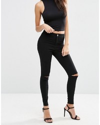 Asos Rivington Denim High Waist Jeggings In Black With Two Ripped Knees