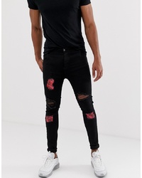 Siksilk Silksilk Distressed Jeans With Floral Patch In Black