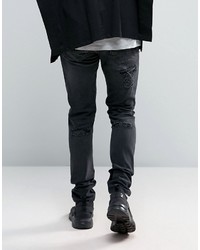 Asos Skinny Jeans In 125oz With Mega Rips In Washed Black