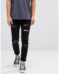 Asos Skinny Jeans In Black With Rips And Printed Patches