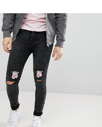 Liquor N Poker Skinny Jeans With Love Rose Embroidered Knee Rips