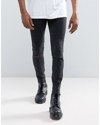 Mennace Super Skinny Fit Jean With Rips And Raw Hem In Black