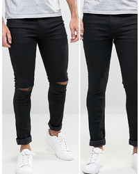Asos Super Skinny Jeans 2 Pack In Black Black With Knee Rips Save