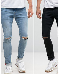 Asos Super Skinny Jeans 2 Pack In Black With Knee Rips Mid Blue With Knee Rips Save