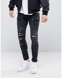 ASOS DESIGN Super Skinny Jeans In 125oz With Mega Rips In Washed Black
