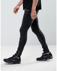 Asos Super Skinny Jeans In Washed Black Biker With Leather Look Rip And Repair