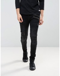 Asos Super Skinny Jeans In Washed Black Mixed Biker With Rips