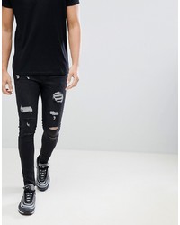 11 Degrees Super Skinny Jeans In Washed Black With Distressing