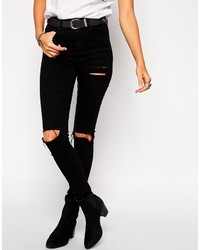 Asos Tall Ridley Jeans In Black With Thigh Rips And Busted Knees