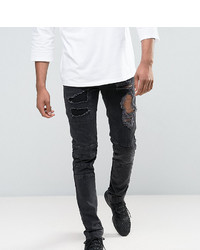 Asos Tall Skinny Jeans With Biker Zip And Rips Details In Washed Black