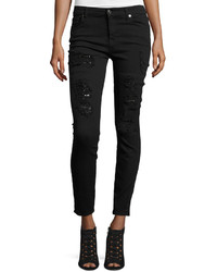 7 For All Mankind The Ankle Skinny Destroyed Jeans Wsequins Black Cut Out