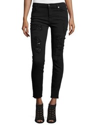 7 For All Mankind The Ankle Skinny Destroyed Jeans Wsequins Black Cut Out