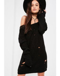 Missguided Black Distressed Off The Shoulder Sweater Dress