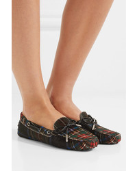 Tod's Gommino Leather Trimmed Tartan Calf Hair Moccasins Black