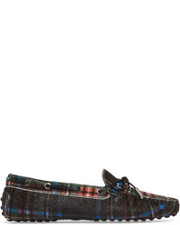 Tod's Gommino Leather Trimmed Tartan Calf Hair Moccasins Black