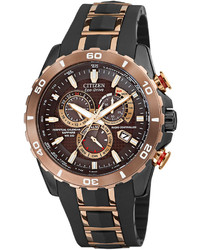 Citizen Eco Drive Perpetual Chrono A T Rose Gold Tone Stainless Steel And Black Rubber Strap Watch 45mm At4028 03x