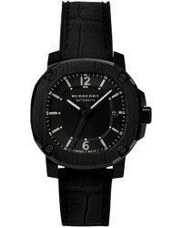 Burberry Swiss Automatic The Britain Black Rubberized Leather Strap Watch 43mm Bby1207