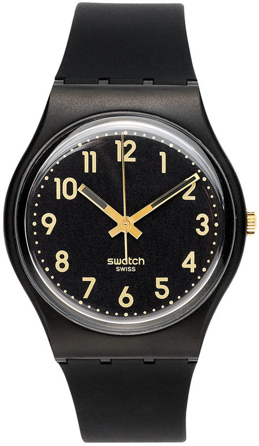 Swatch Watch Unisex Swiss Golden Tac Black Silicone Strap 34mm