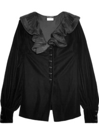 Saint Laurent Ruffled Collar Velvet Blouse Black