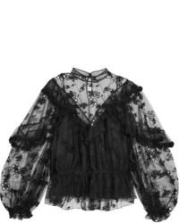 Chloé Ruffled Embroidered Tulle Blouse Black