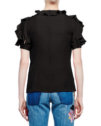 Alexander McQueen Short Sleeve V Neck Ruffle Blouse Black