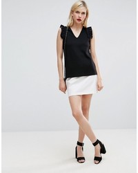 Asos Top In Ponte With Woven Ruffle Sleeve Detail