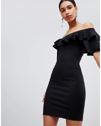 Fashion Union Bodycon Off Shoulder Dress With Ruffles In Crinkle Crinkle