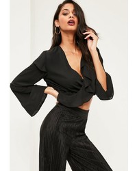Missguided Black Chiffon Ruffle Wrap Over Crop Blouse