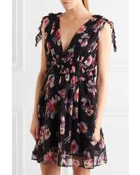 MSGM Ruffled Floral Print Silk Chiffon Mini Dress Black
