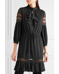 Anna Sui Ruffled Lace Trimmed Crepe De Chine Mini Dress Black