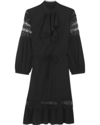 Anna Sui Ruffled Lace Trimmed Crepe De Chine Mini Dress Black