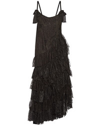 Alessandra Rich Swan Asymmetric Tiered Lace And Flocked Tulle Gown Black