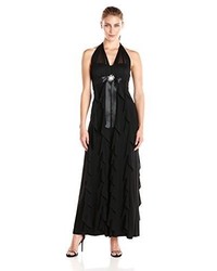 Betsy & Adam Halter Ruffle Gown With Waist Embellisht And Tie