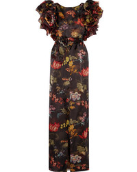 Rosie Assoulin Ruffled Floral Print Silk Organza Gown Black